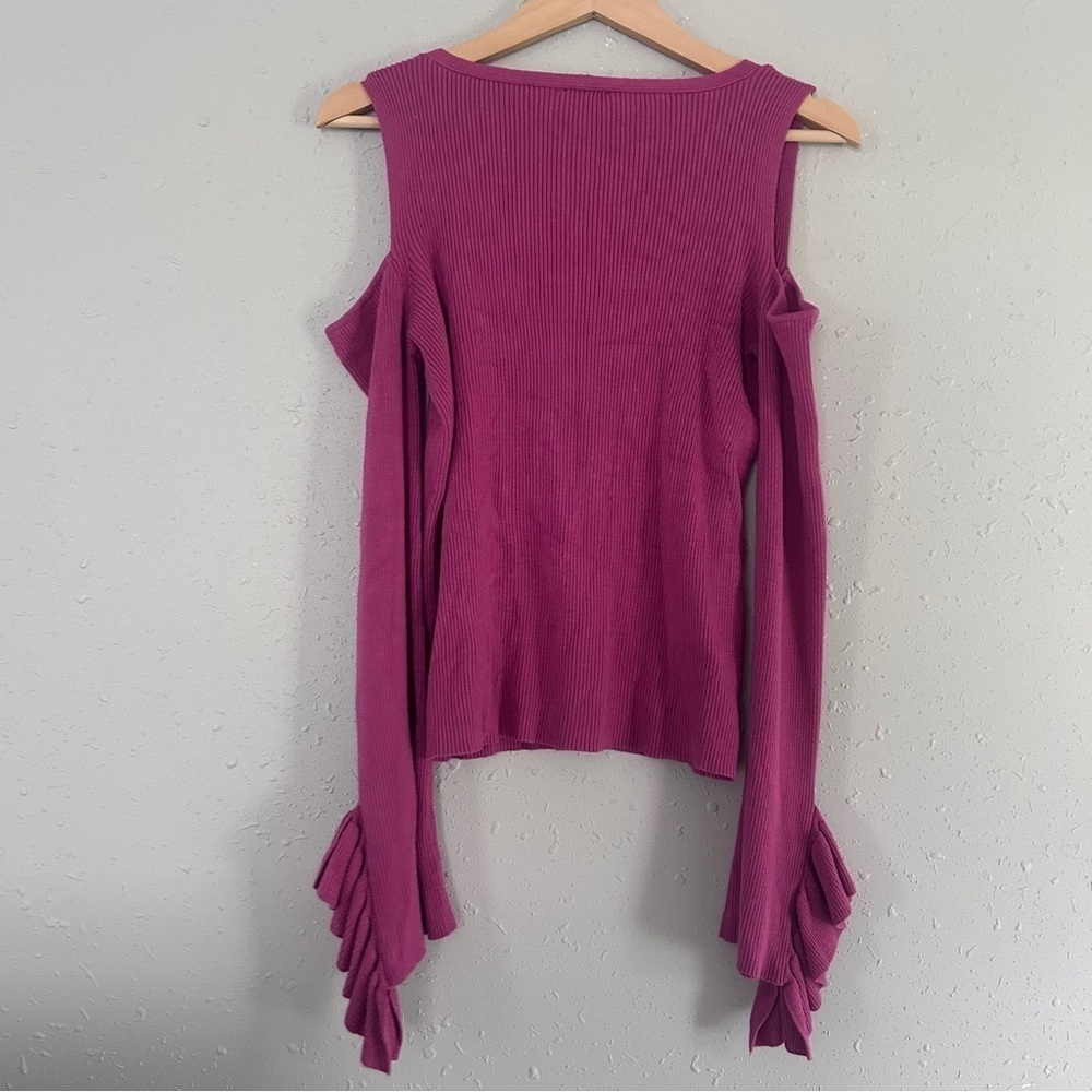 Express Off-the-Shoulder Cold Shoulder Ribbed Pink Sweater Stretch Ruffle Sleeve - Picture 6 of 8